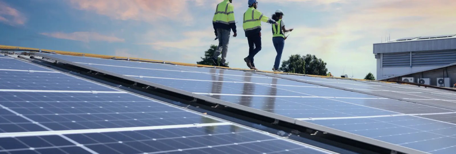 Three workers wearing safety vests and helmets inspecting solar panels on a rooftop under a partly cloudy sky.