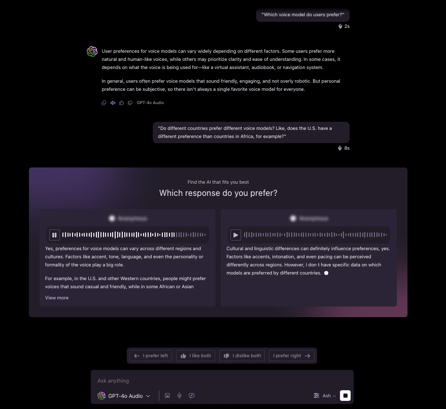Screenshot of ChatLab showing a voice AI comparison: a user asks a question, two anonymized voice responses are presented side by side with audio waveforms and transcripts, and a prompt asks “Which response do you prefer?” with options to choose left, right, both, or neither.