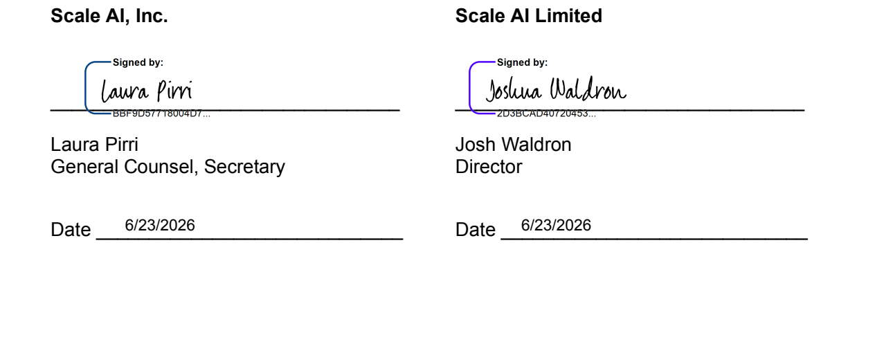 Signed approval block for the Scale AI Modern Slavery Statement, signed by Laura Pirri for Scale AI, Inc. and Josh Waldron for Scale AI Limited on 6/23/2026.