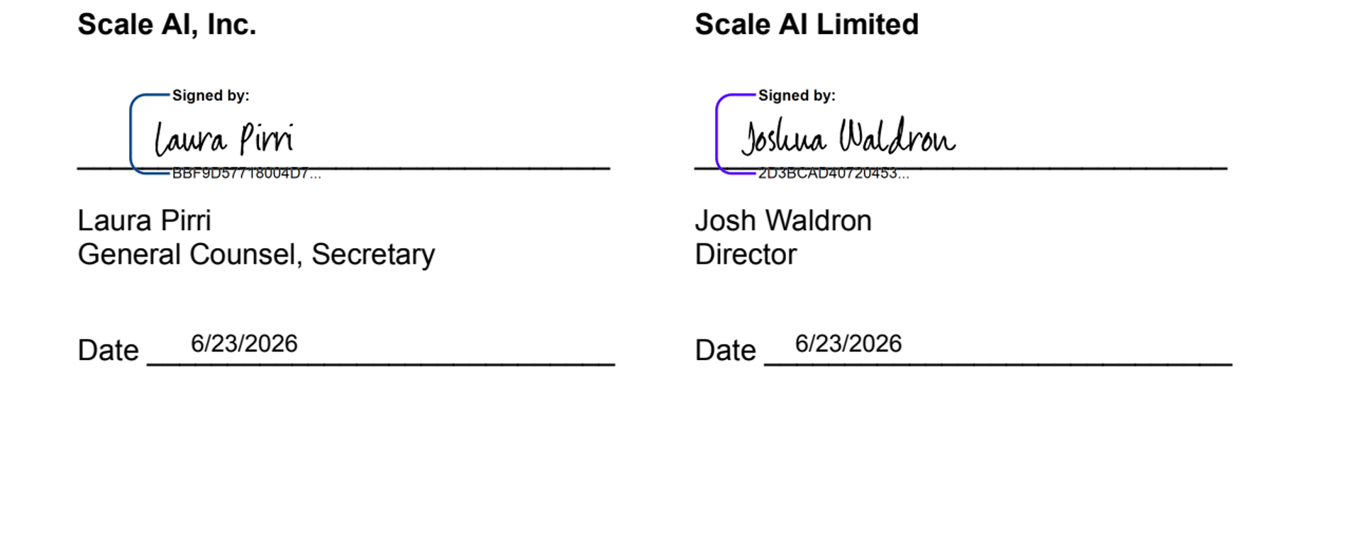 Signed approval block for the Scale AI Modern Slavery Statement, signed by Laura Pirri for Scale AI, Inc. and Josh Waldron for Scale AI Limited on 6/23/2026.