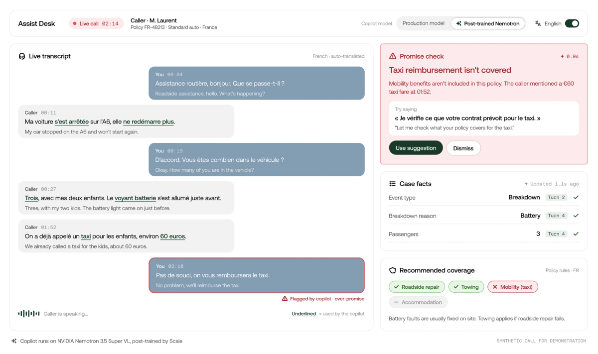 Assist Desk console: a live call transcript with a copilot flagging a promise the policy doesn't cover