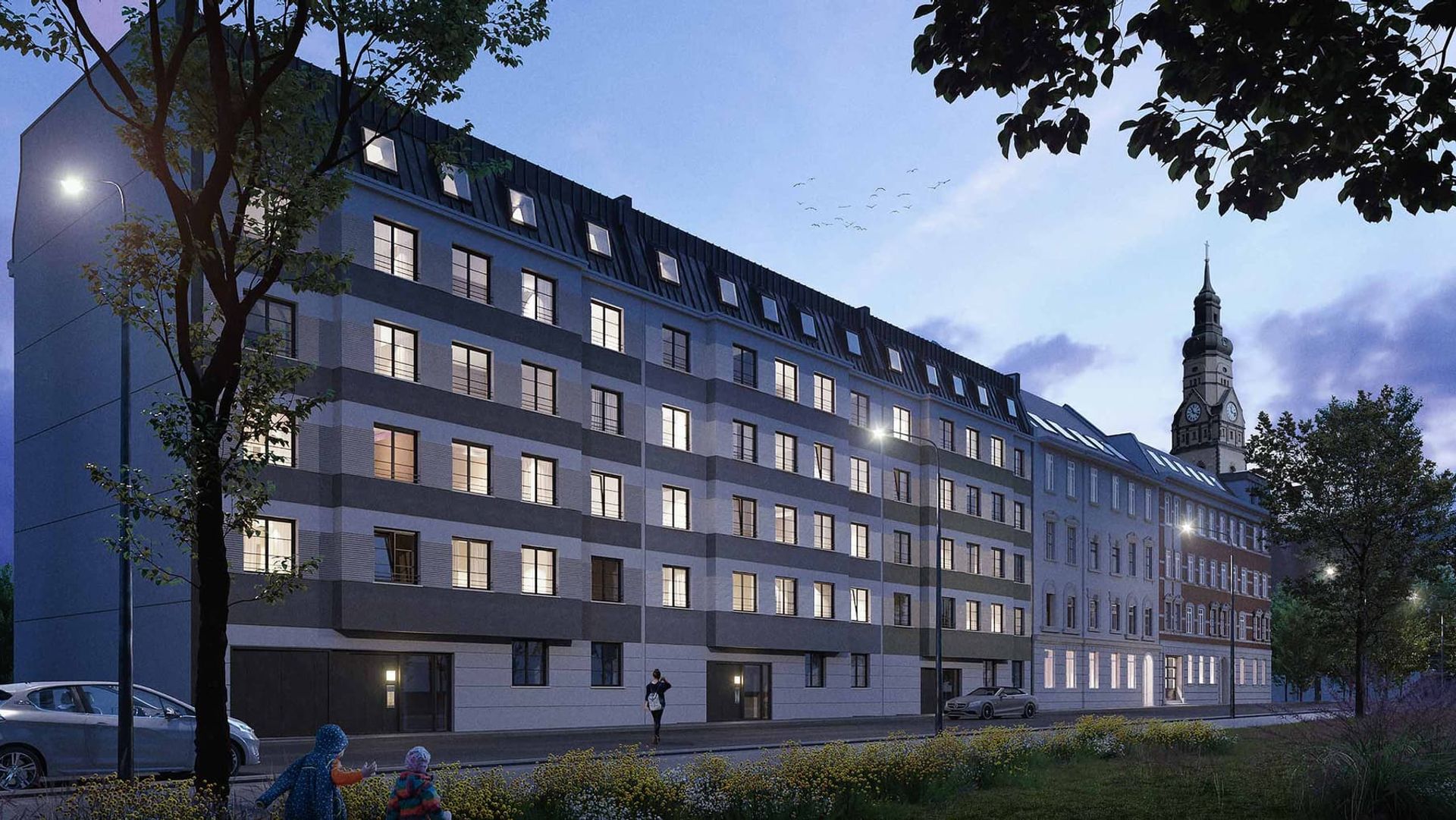 KLM Mehrfamilienhaus in der Aurelienstraße Südansicht am Abend