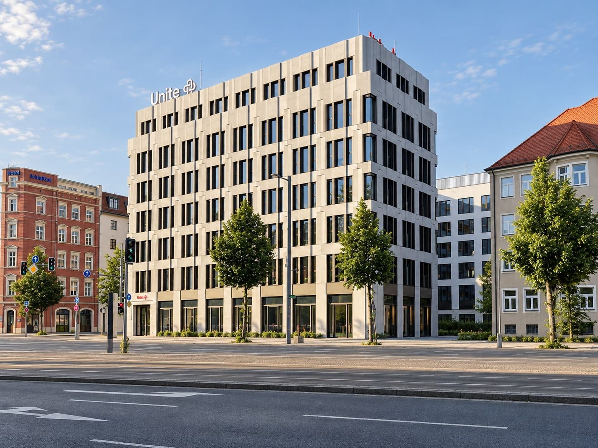 Europazentrale für Unite, Leipzig – Ansicht vom Grimmaischen Steinweg mit dem gründerzeitlichen Nachbarn