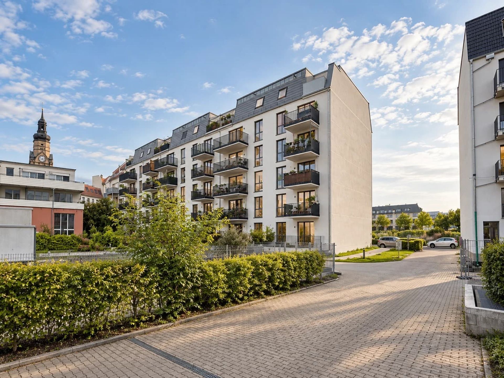 Drei Wohngebäude am Karl-Heine-Kanal, Leipzig – Aurelienstraße, KI-bearbeitete Aufnahme