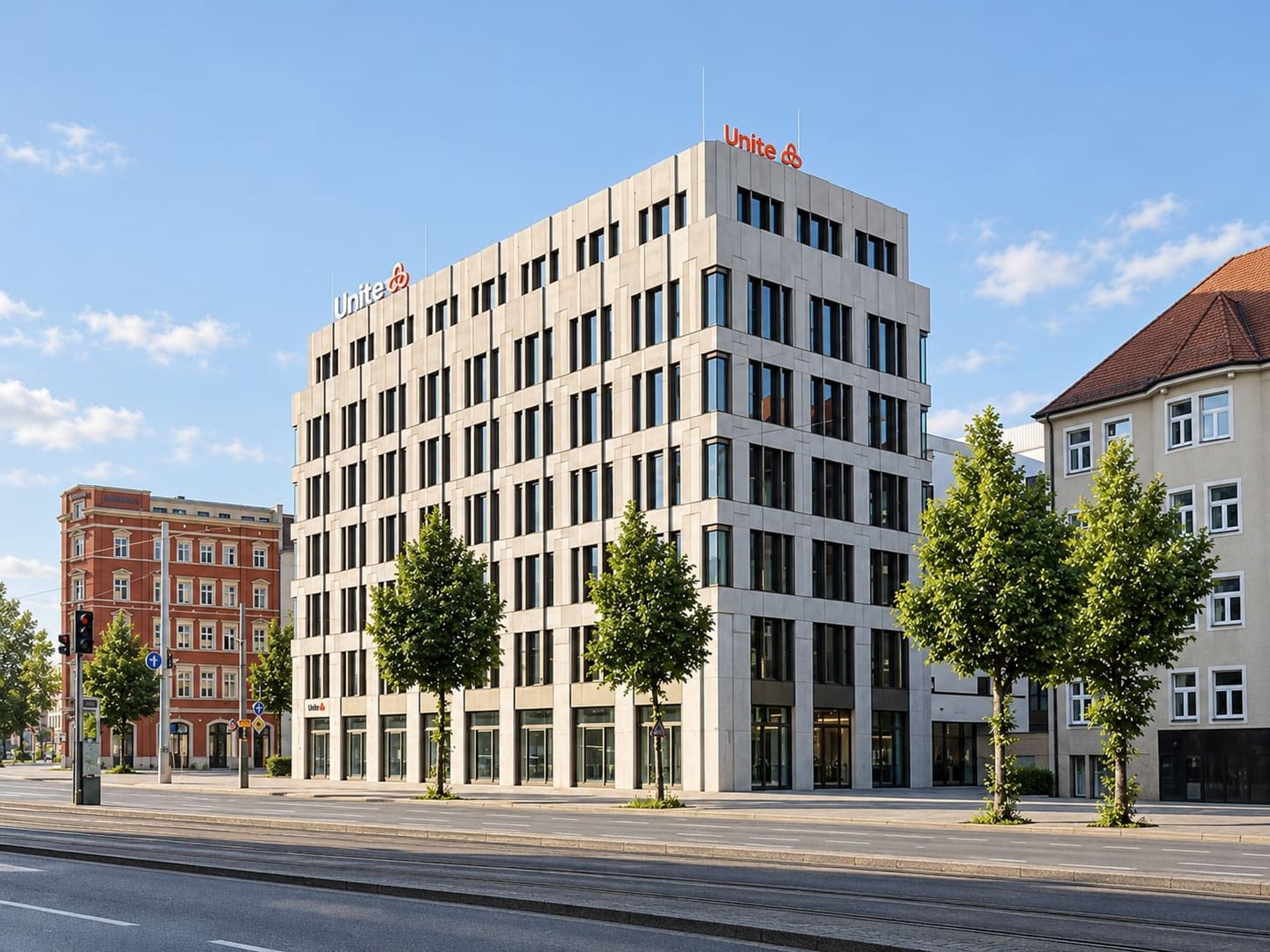Europazentrale für Unite, Leipzig – Ecke Grimmaischer Steinweg / Nürnberger Straße mit den Straßenbäumen