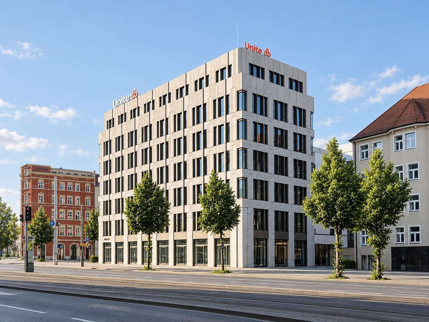 Europazentrale für Unite, Leipzig – Ecke Grimmaischer Steinweg / Nürnberger Straße mit den Straßenbäumen