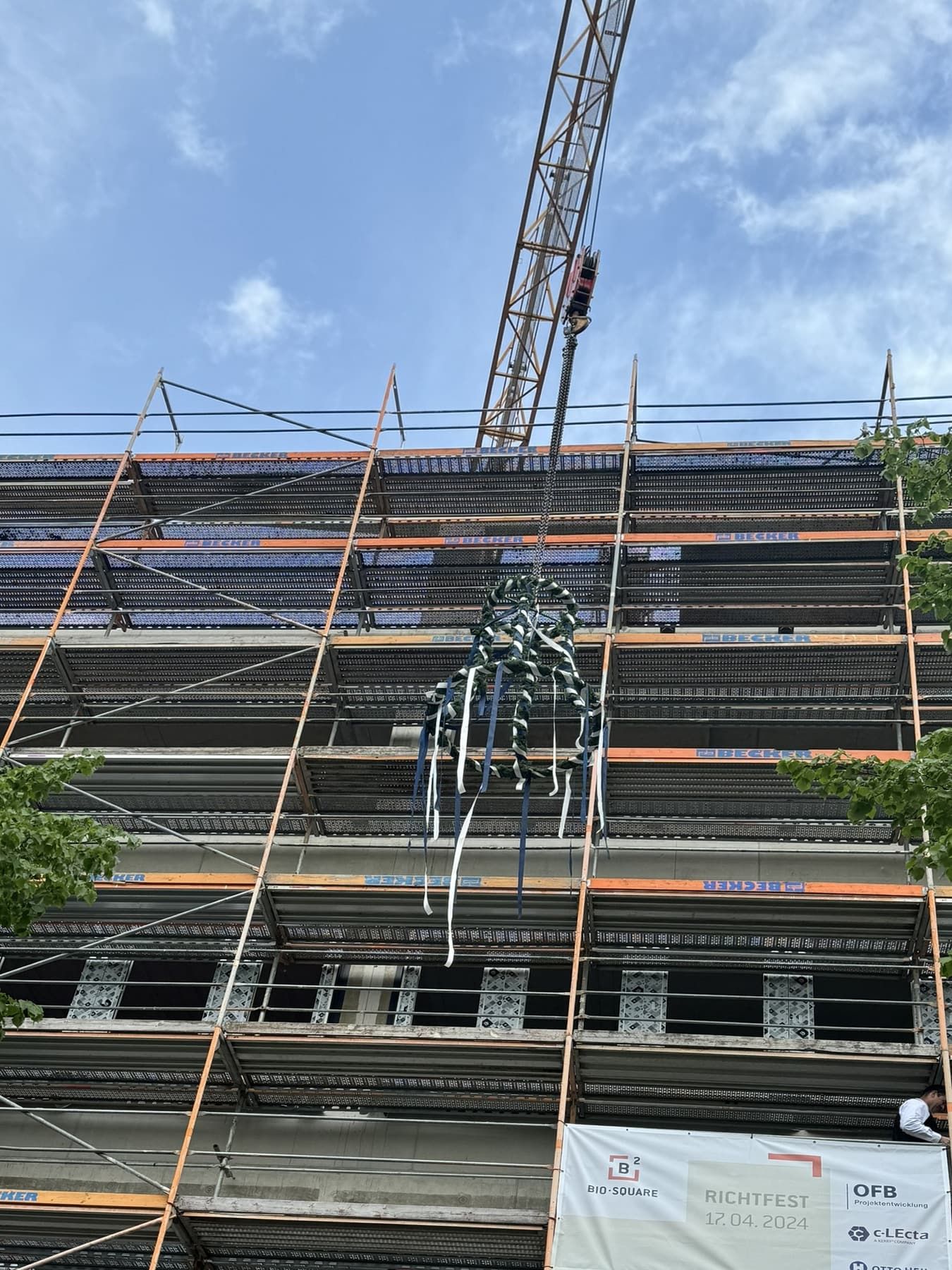 BioSquare Alte Messe, Leipzig – Richtkranz am Gerüst, April 2024