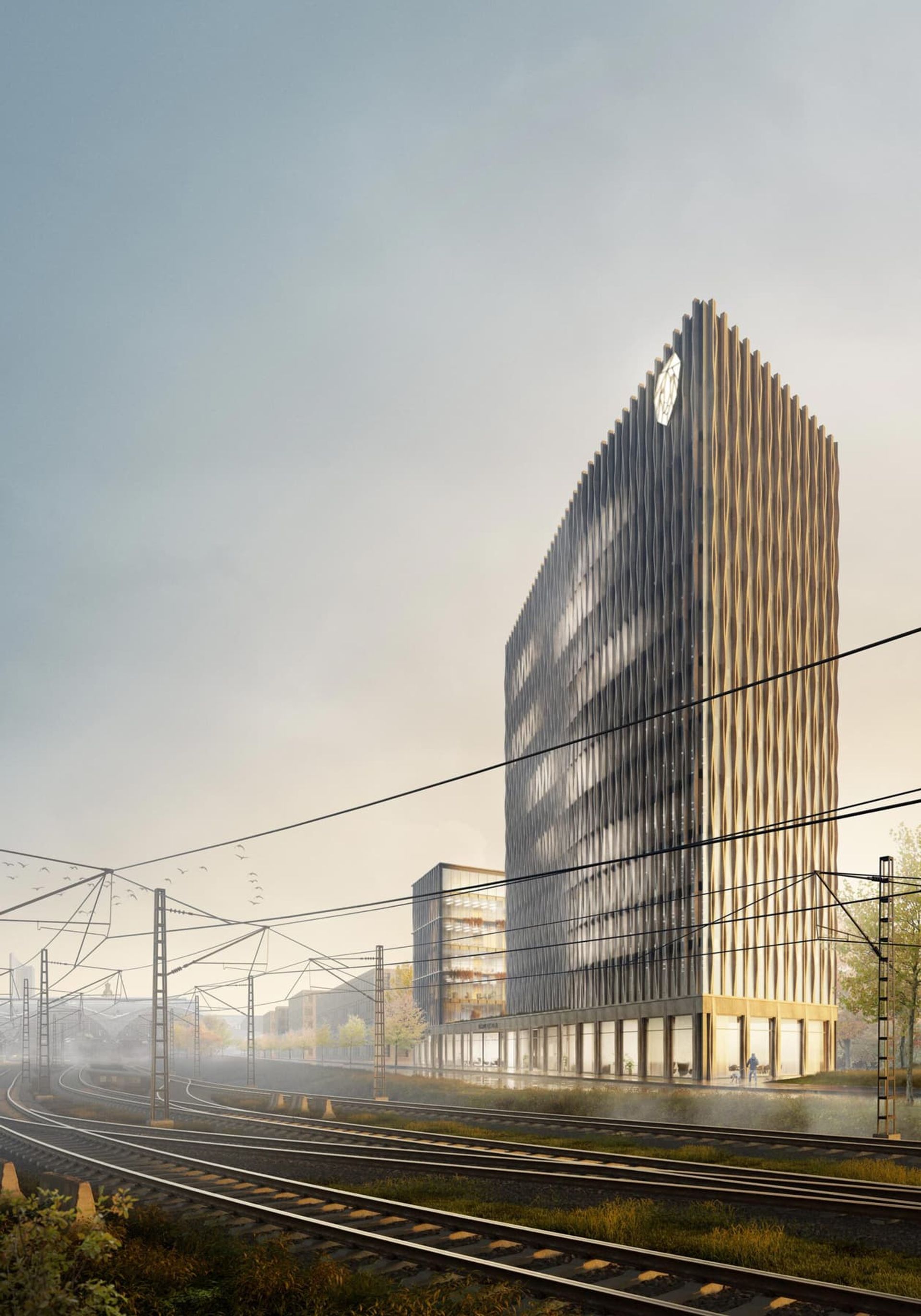 Hochhaus im Löwitzquartier, Leipzig – Perspektive von den Gleisfeldern