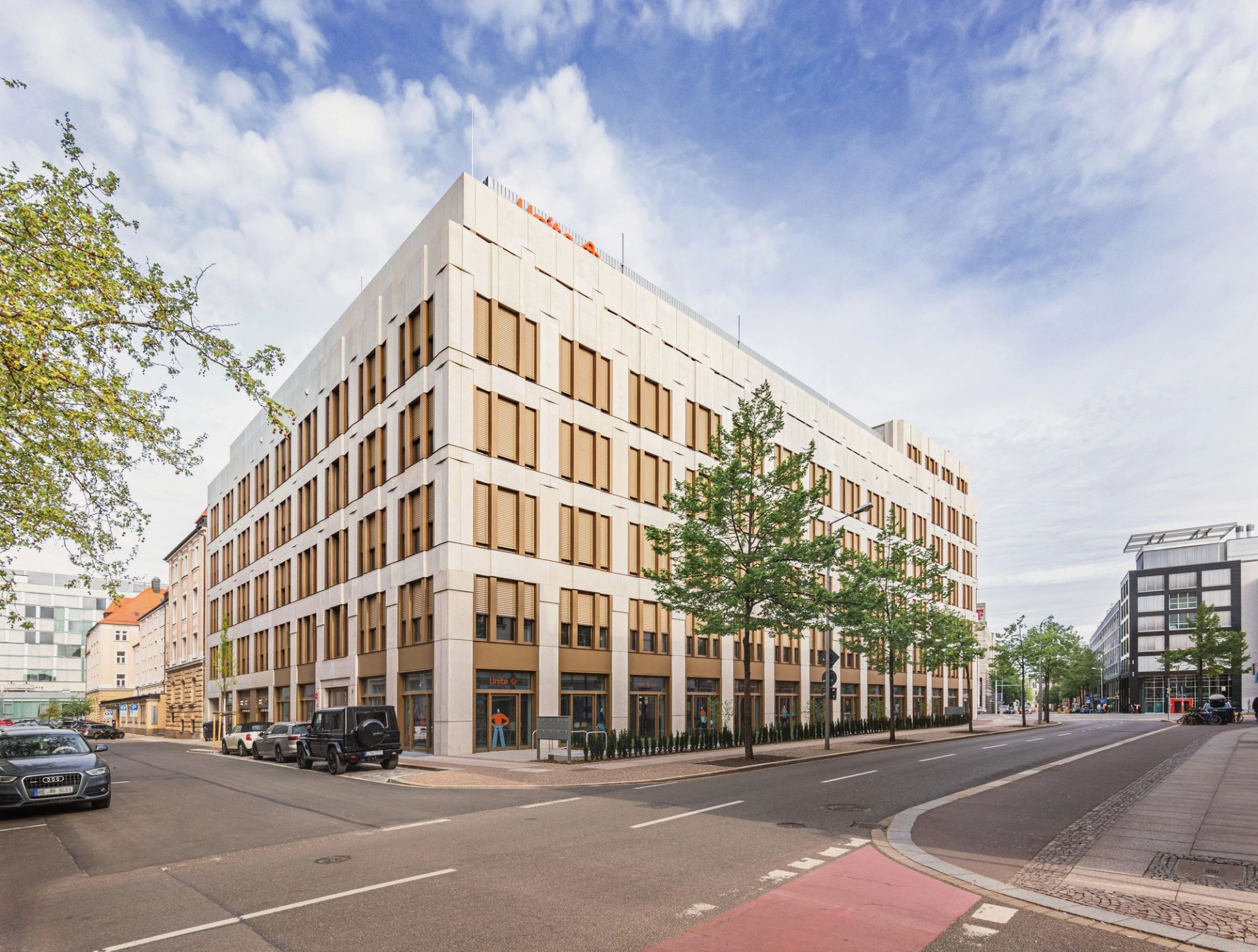 Europazentrale für Unite, Leipzig – Gebäudeecke mit beiden Straßenfassaden