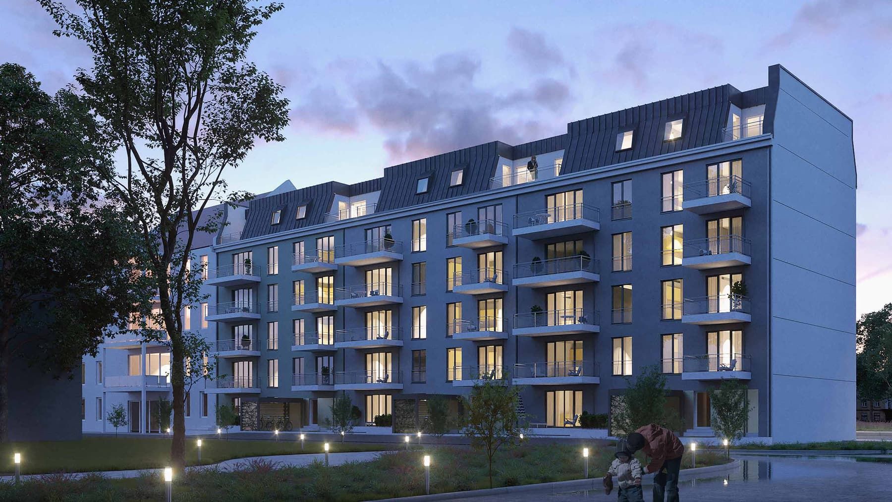 KLM Mehrfamilienhaus in der Aurelienstraße Nordansicht am Abend