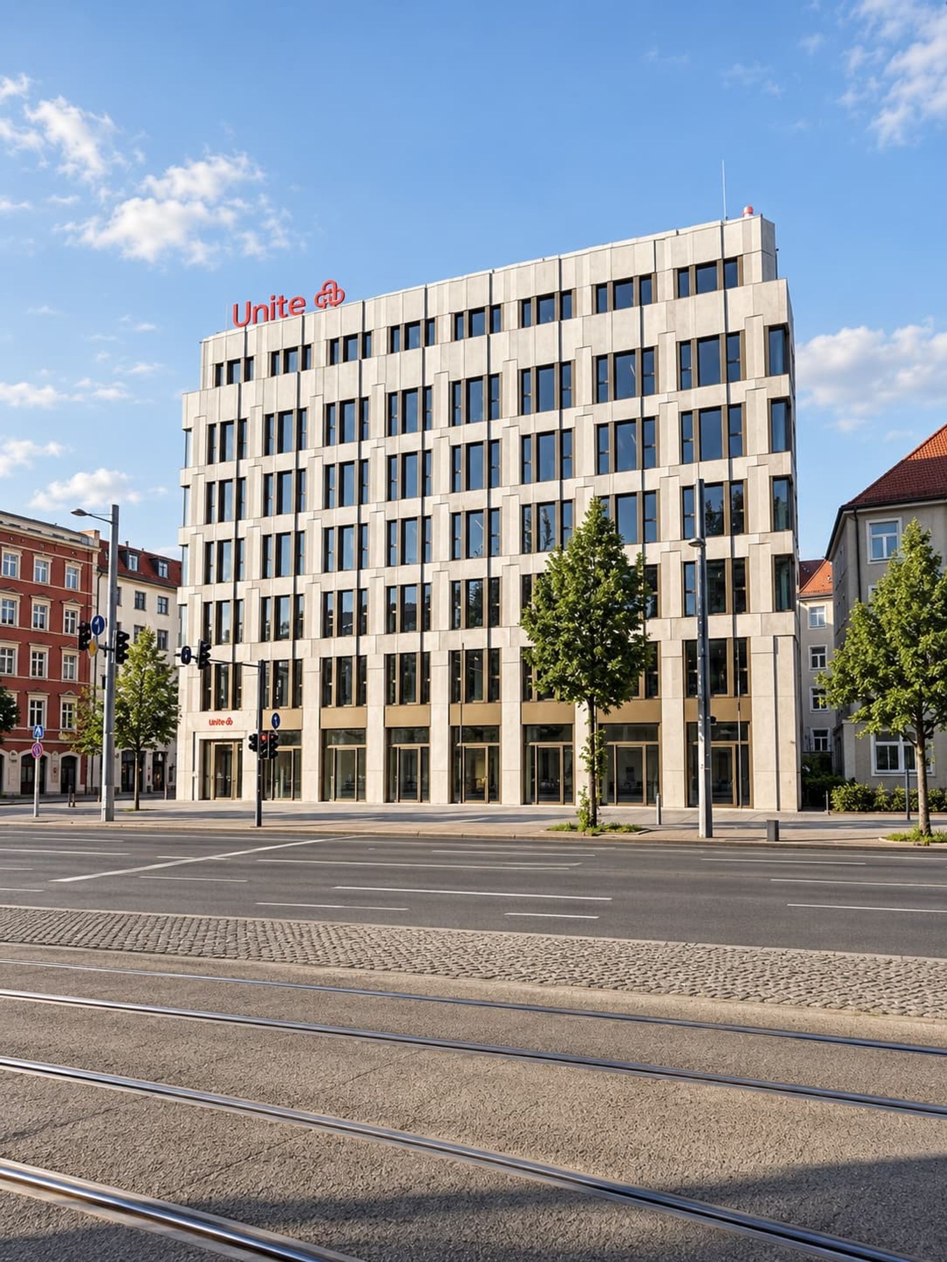 Europazentrale für Unite, Leipzig – Ansicht über die Straßenbahngleise, Hochformat