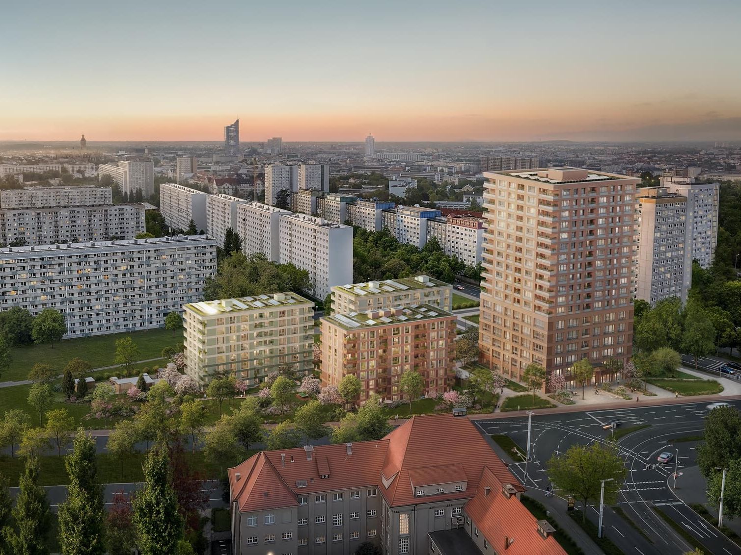 Visualisierung: die drei geplanten Wohnhäuser an der Semmelweisstraße und rechts das geplante Hochhaus im Stadtraum