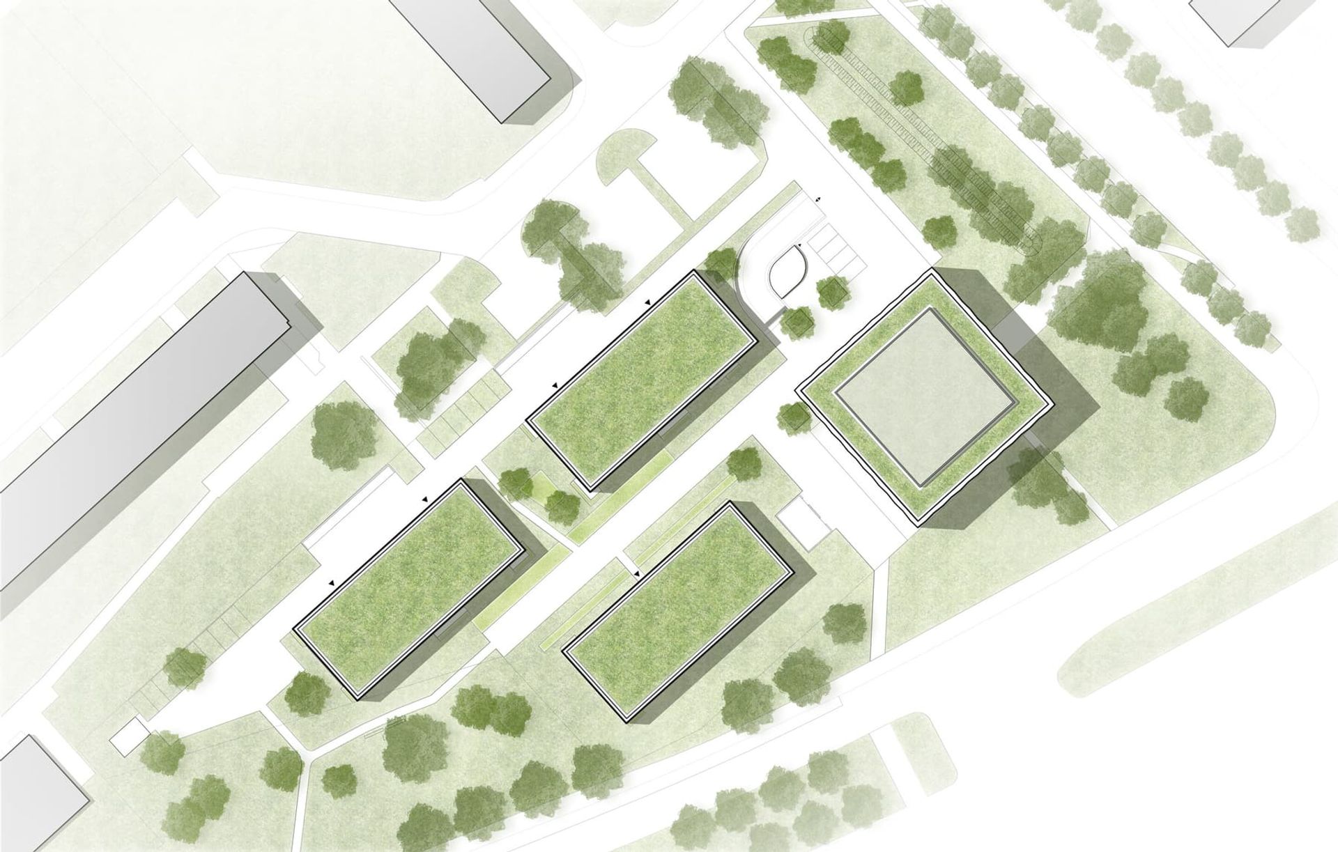 Lageplan Quartier Semmelweisstraße 9: die drei Wohnhäuser, das Hochhaus und die Freiräume dazwischen