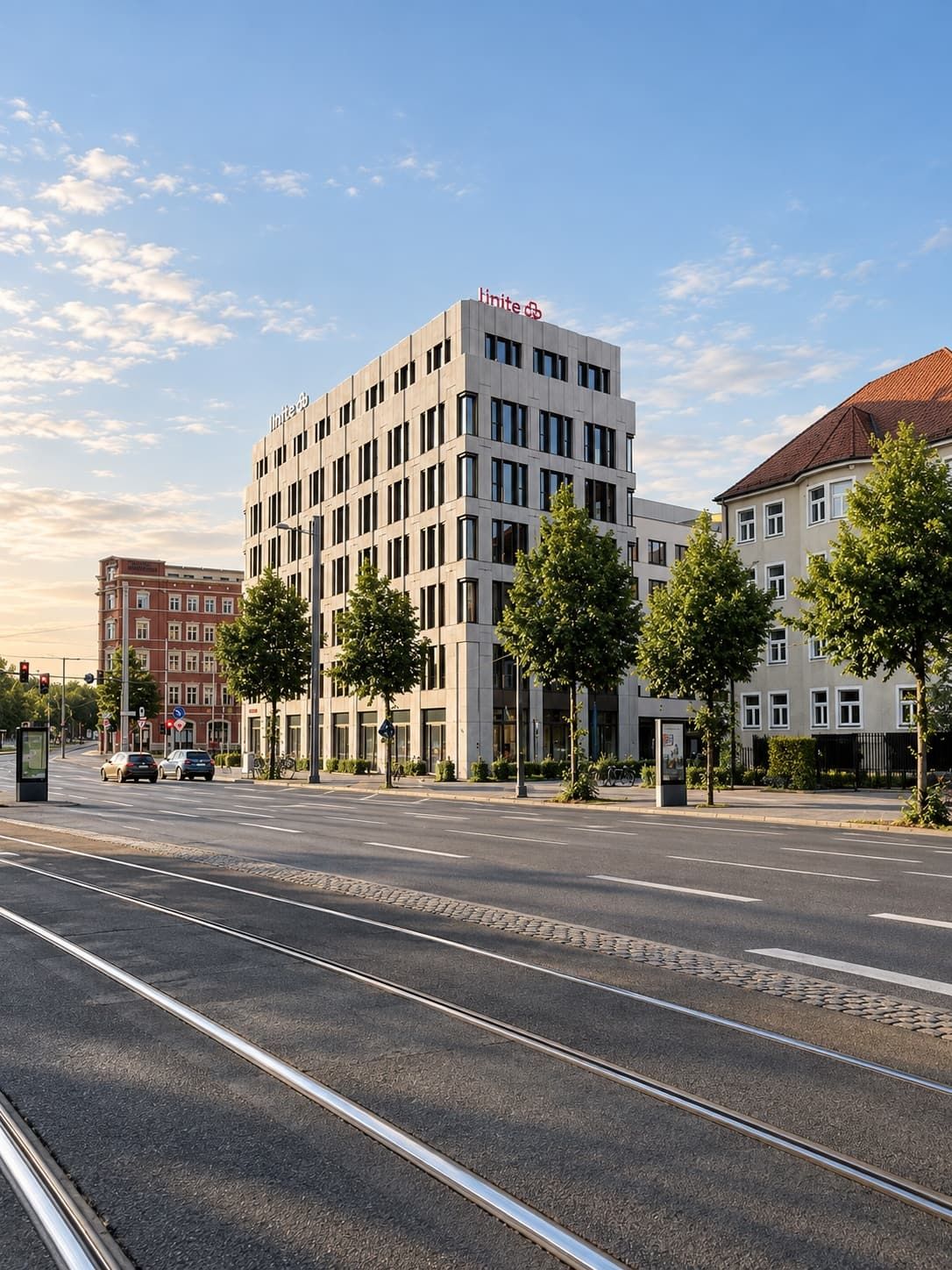 Europazentrale für Unite, Leipzig – Ansicht über die Kreuzung, Hochformat
