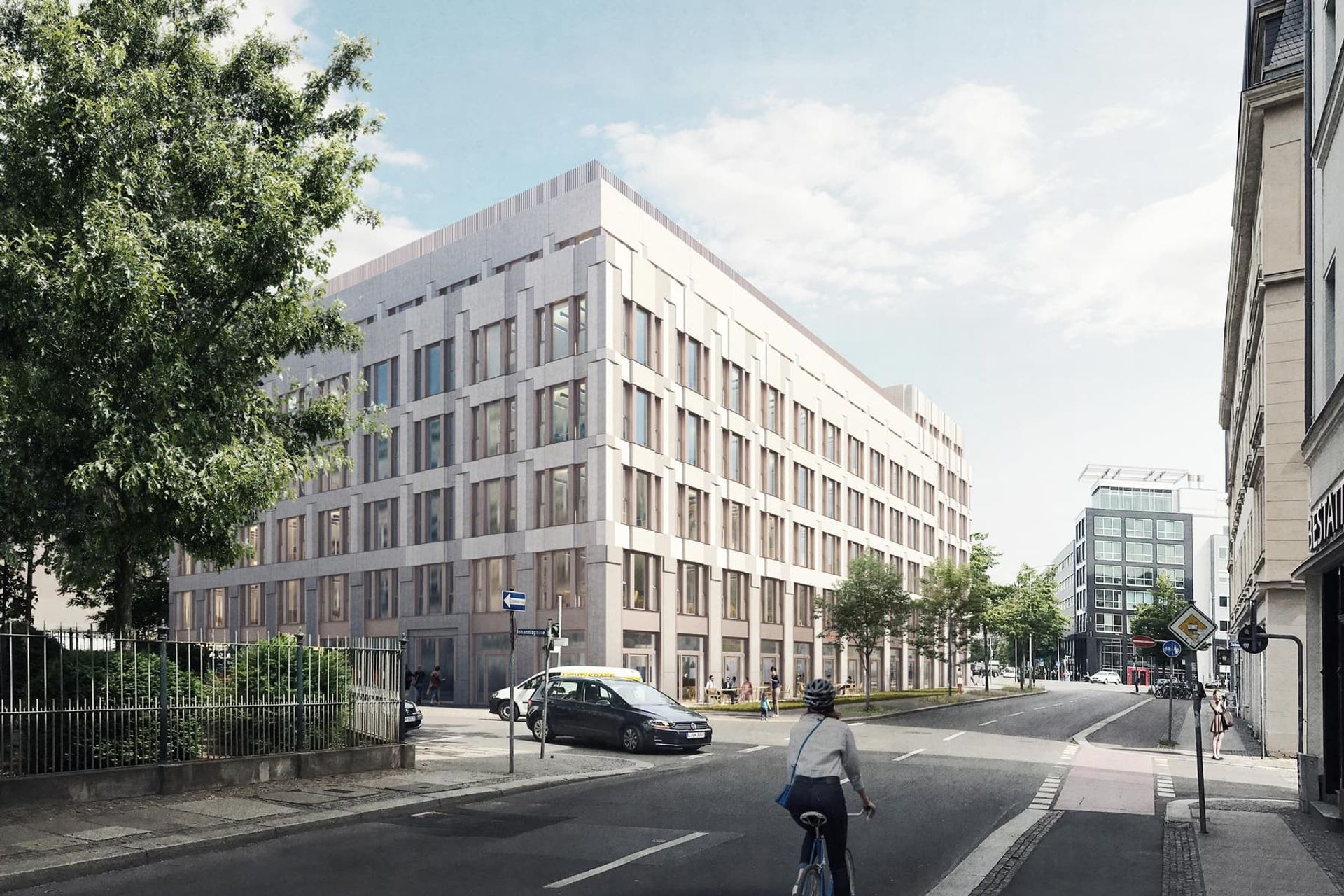 Europazentrale für Unite, Leipzig – Visualisierung, Blick entlang der Straßenfassade auf der anderen Seite des Hauses