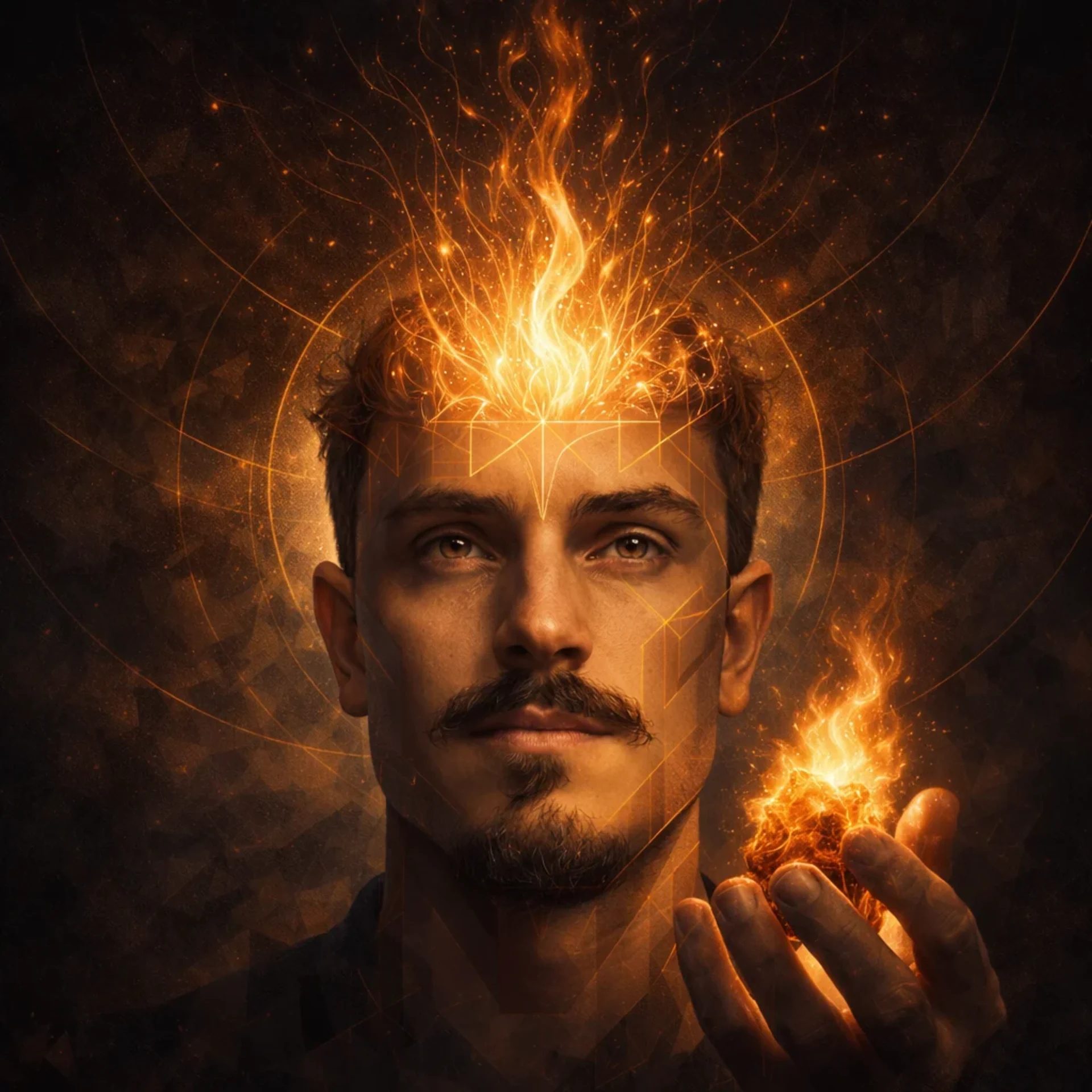 Kevin Otto Lais als Prometheus mit Feuer und goldenen Lichtlinien