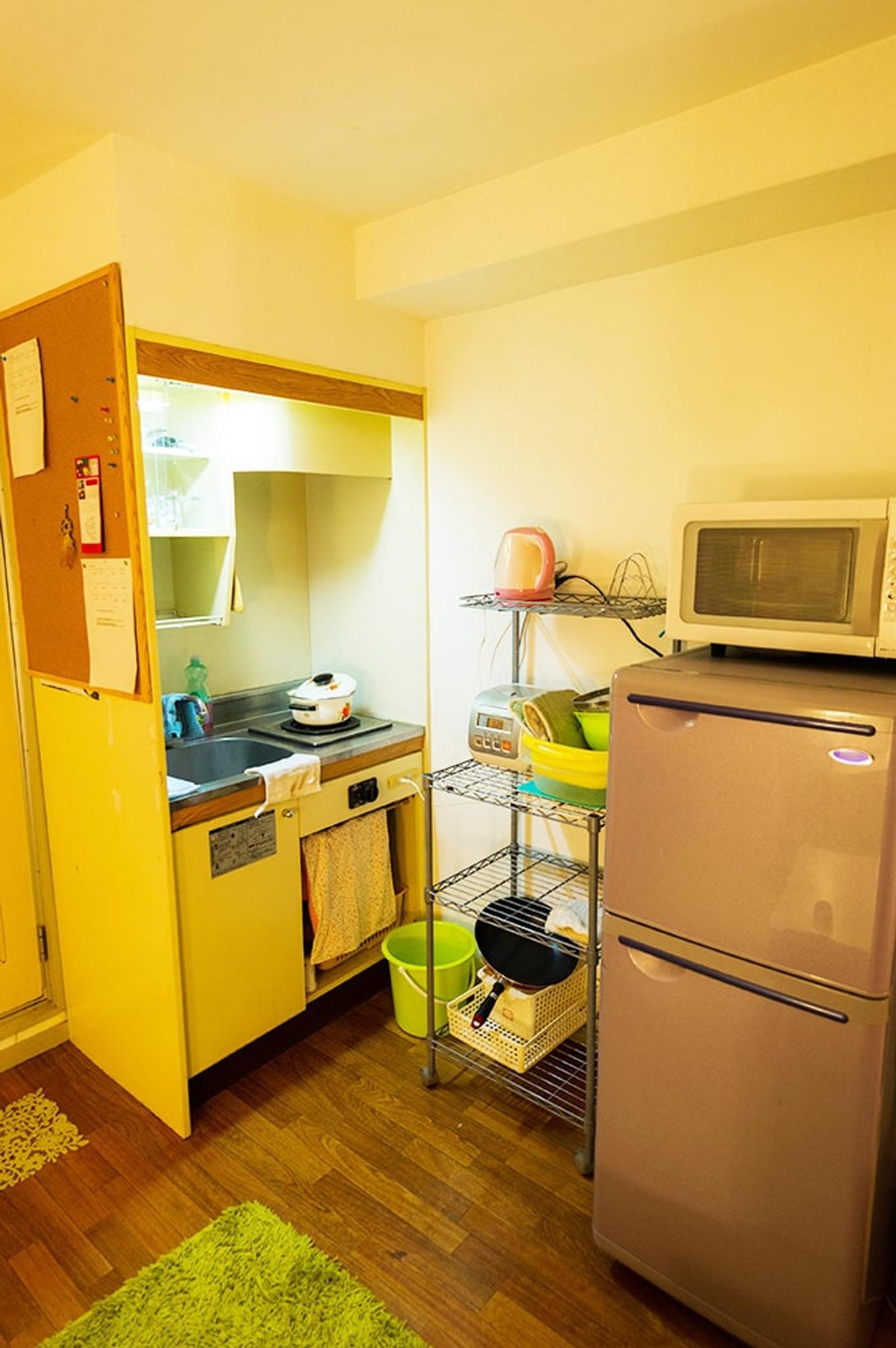 Kitchen with dishes, cutlery, cups and kitchenware, refrigerator, microwave, toaster, rice cooker