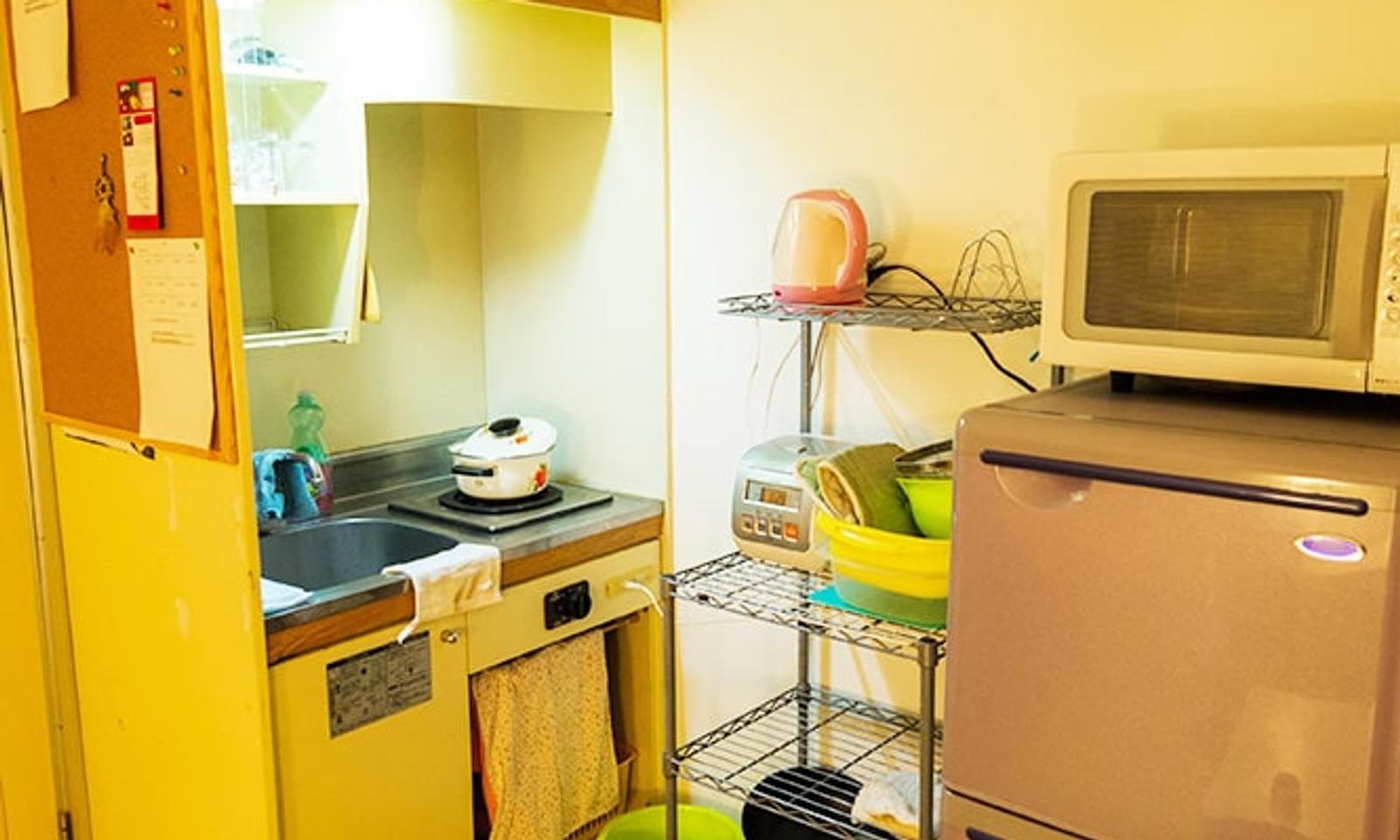 Kitchen with dishes, cutlery, cups and kitchenware, refrigerator, microwave, toaster, rice cooker