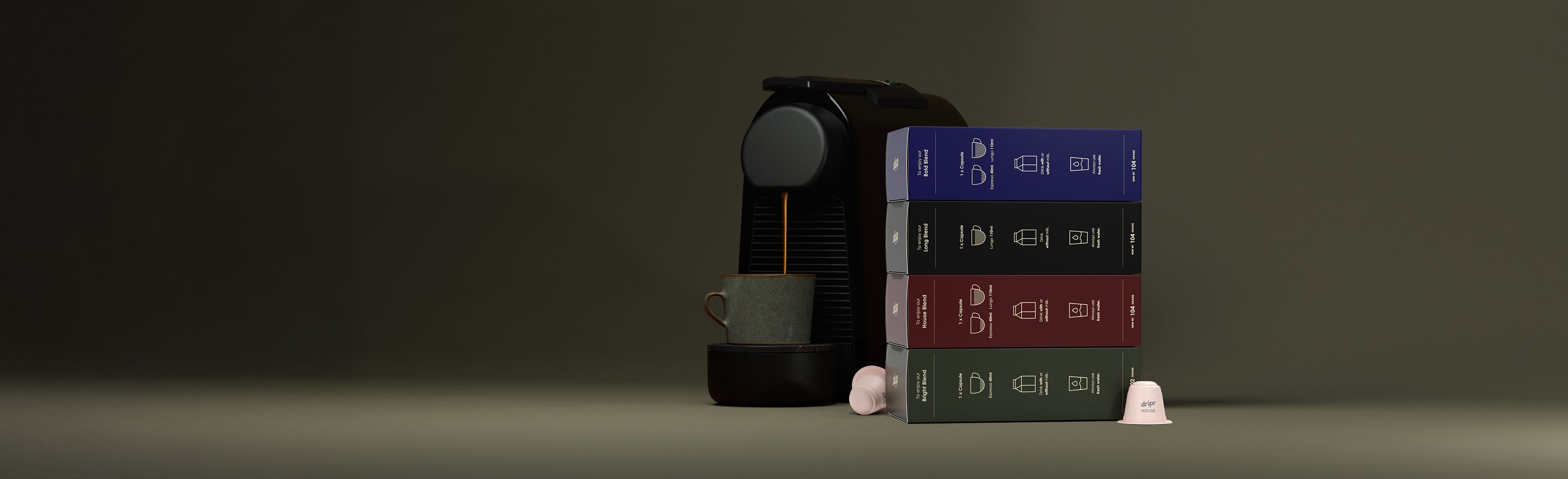 Dripr Pods next to Nespresso Coffee machine