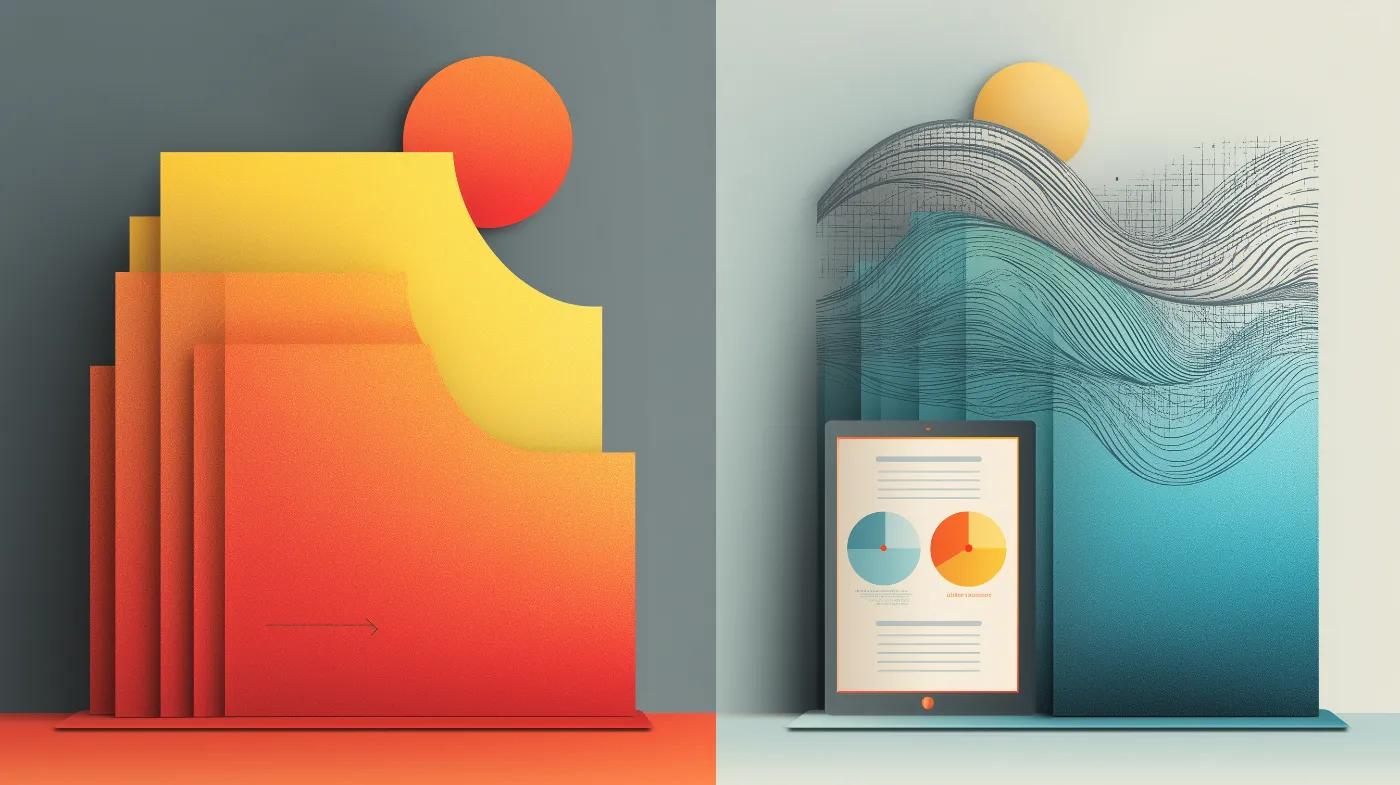 Minimalist vector illustration contrasting a warm orange-gold stack of paperwork symbolising administrative chaos in a metal fabrication workshop on the left, with a cool blue tablet displaying a clear flowchart on the right, representing streamlined digital quality management.