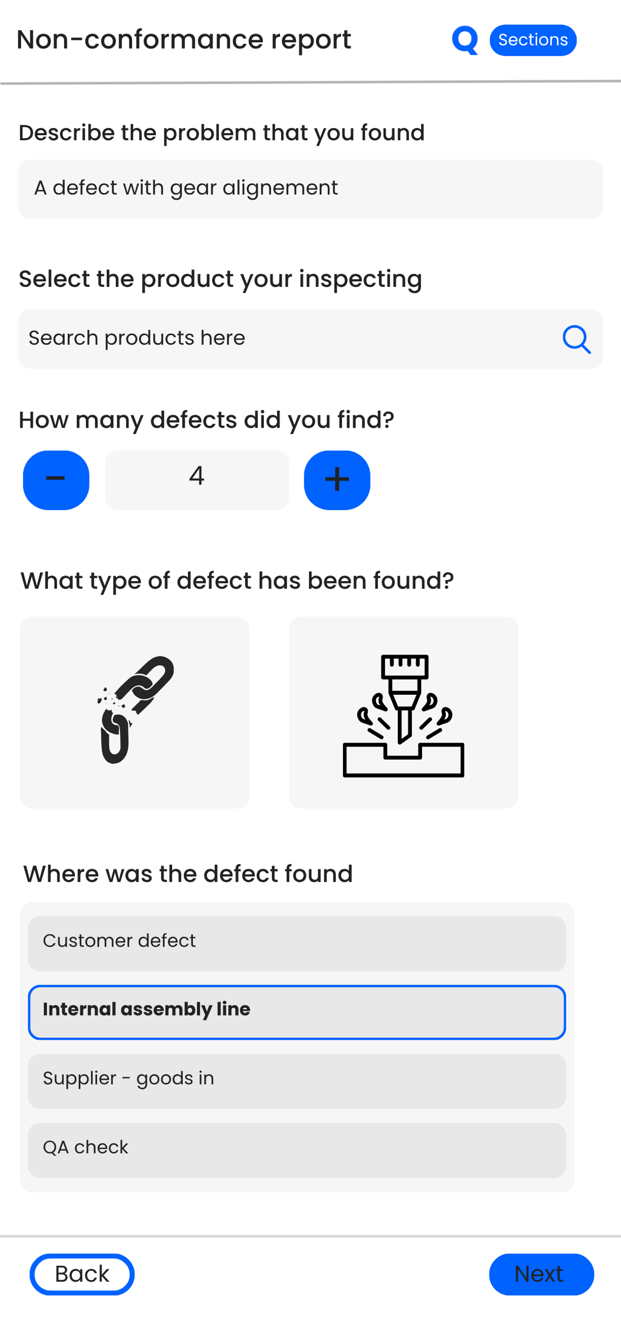 Q-Hub mobile app screen for logging a non-conformance report, including defect type and location on the assembly line