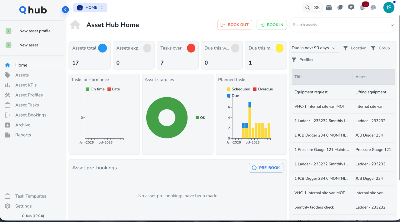 Q-Hub audit management dashboard showing audit schedule and findings
