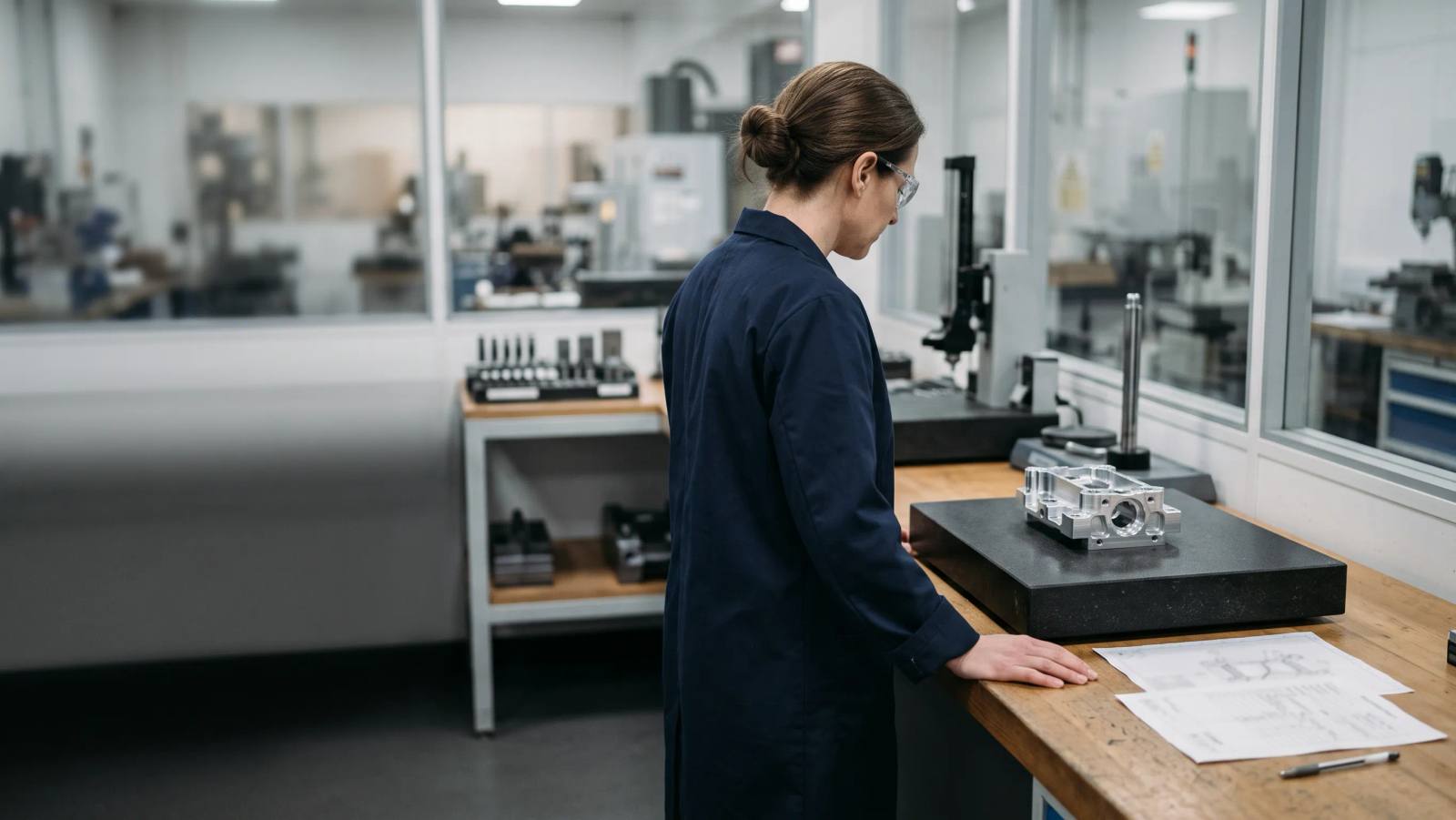 Quality engineer checking a machined aluminium component on a granite surface plate, with the engineering drawing and inspection report beside it