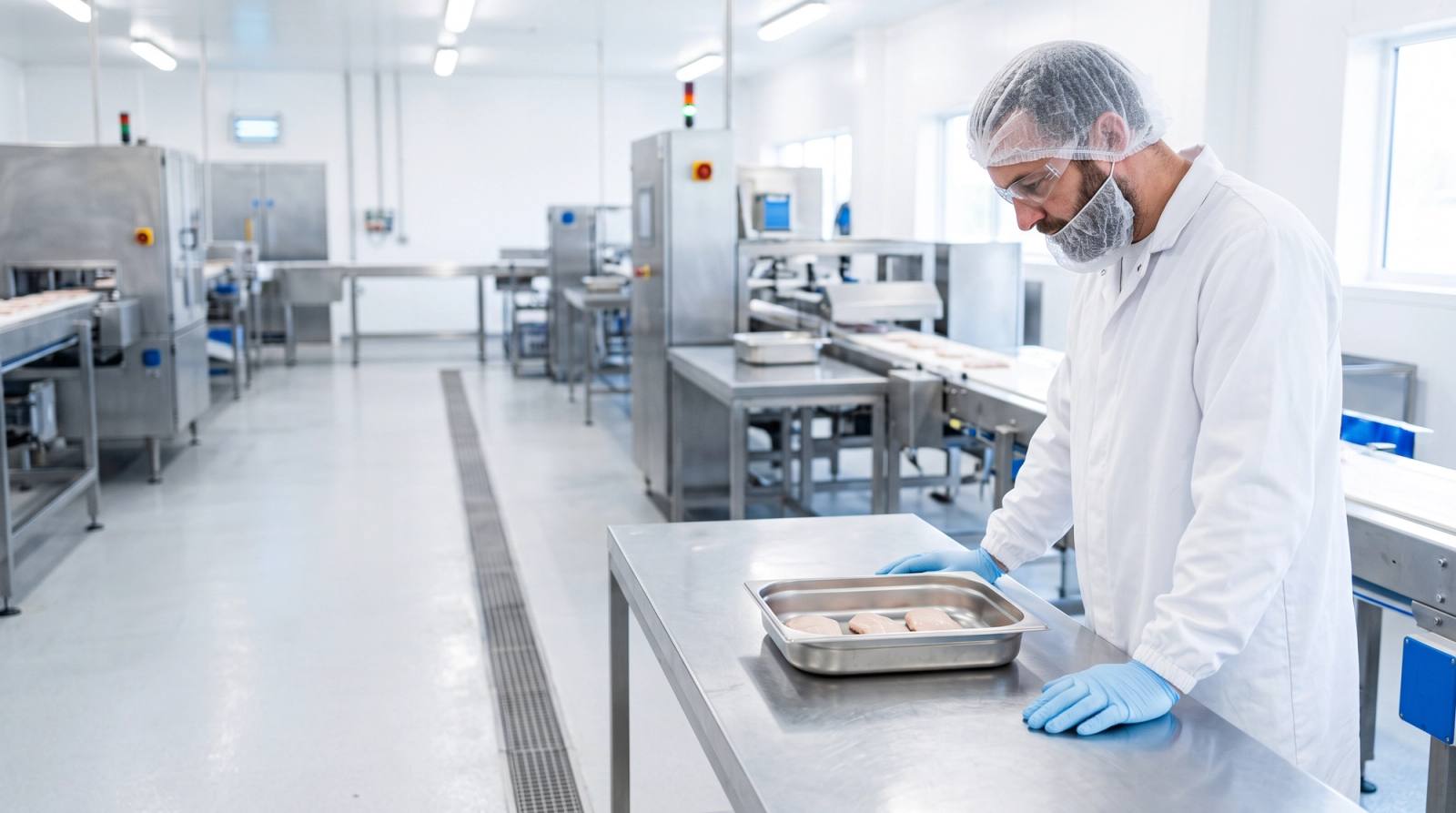 Quality supervisor at a stainless check station in a chilled food production hall, examining product samples on a tray with the packing line running behind him
