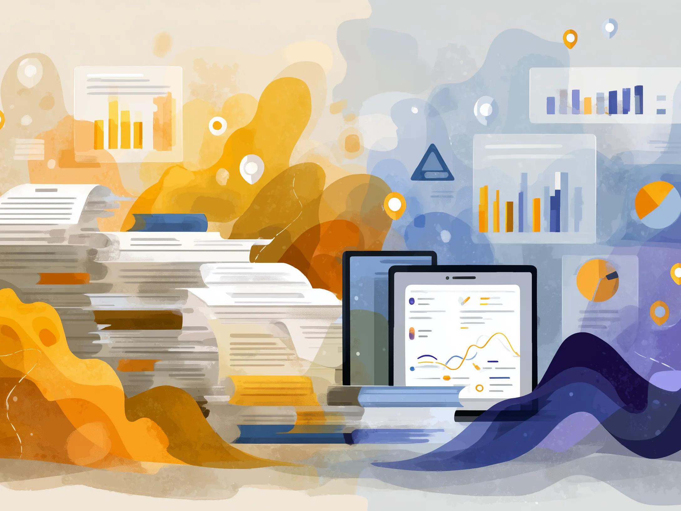 Orange-toned piles of safety paperwork and warning icons on the left morph into blue-toned tablets and monitors showing digital dashboards and upward charts on the right, illustrating the shift from manual construction safety documentation to streamlined QMS workflows.