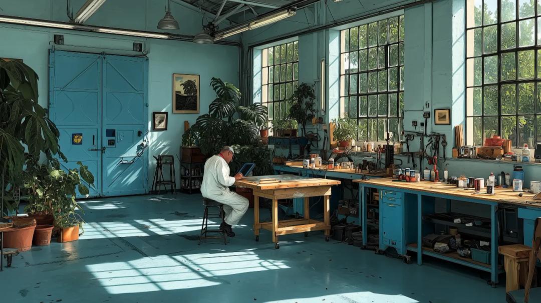A technician in a bright, airy metal fabrication workshop using a tablet to record quality inspection data at a clean, organized workbench surrounded by tools and greenery.