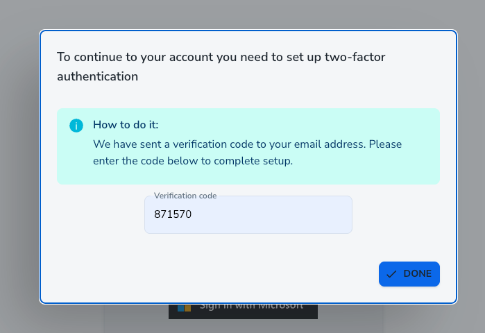 Two-factor authentication setup dialog with verification code 871570 field and DONE button