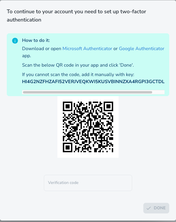 Two-factor authentication setup screen with QR code and manual entry key for authenticator app
