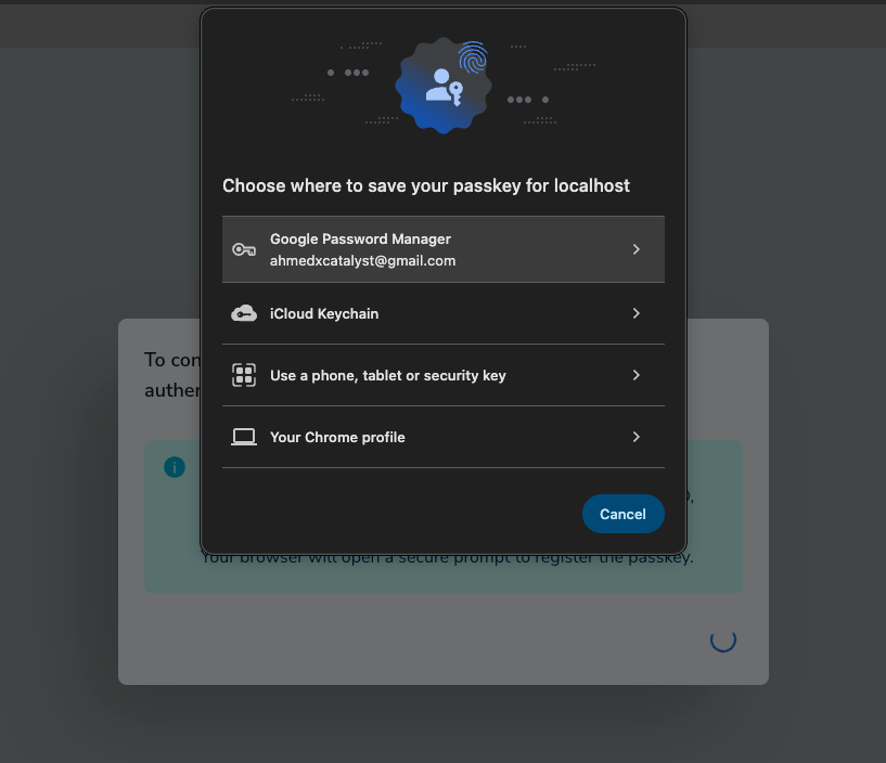 Passkey storage options dialog showing Google Password Manager, iCloud Keychain, security key, and Chrome profile choices