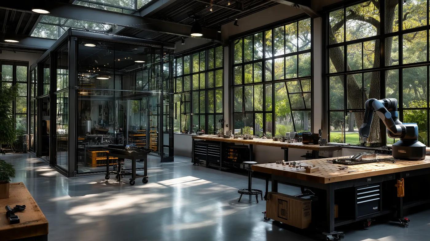 A bright, modern metal fabrication workshop with large industrial windows, tidy workbenches, and a collaborative robot arm mounted on a bench.
