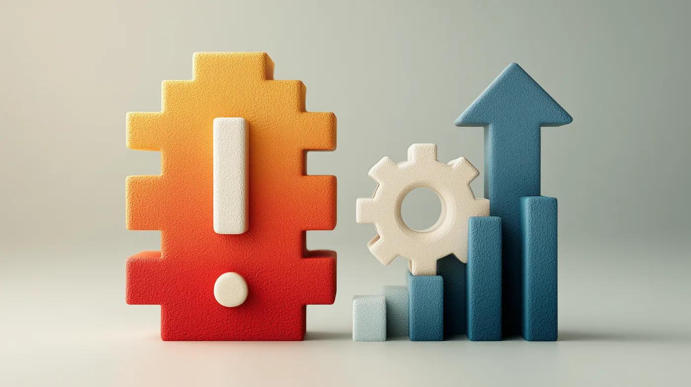 Minimalist vector illustration of a textured red-orange alert icon beside a white gear and blue ascending bar chart with an upward arrow, symbolising digital quality management systems slashing errors and boosting margins.