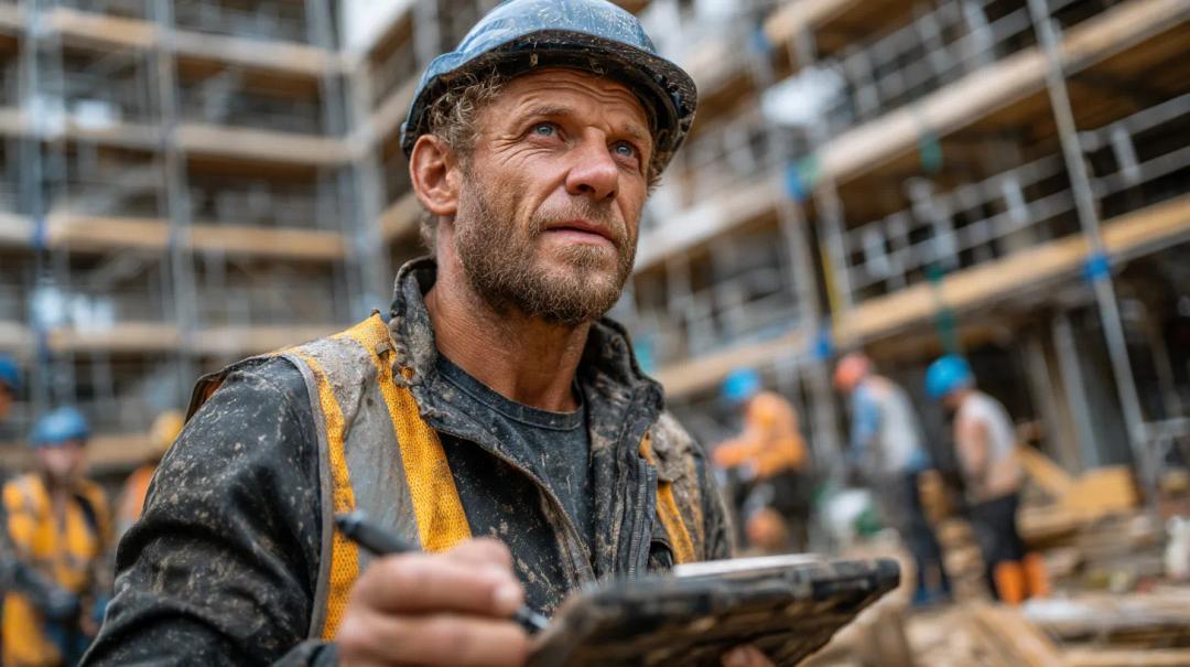 A construction safety officer checks a digital safety form on-site. They're angled toward the tablet, not the camera, illustrating real-time data entry and proactive hazard management.