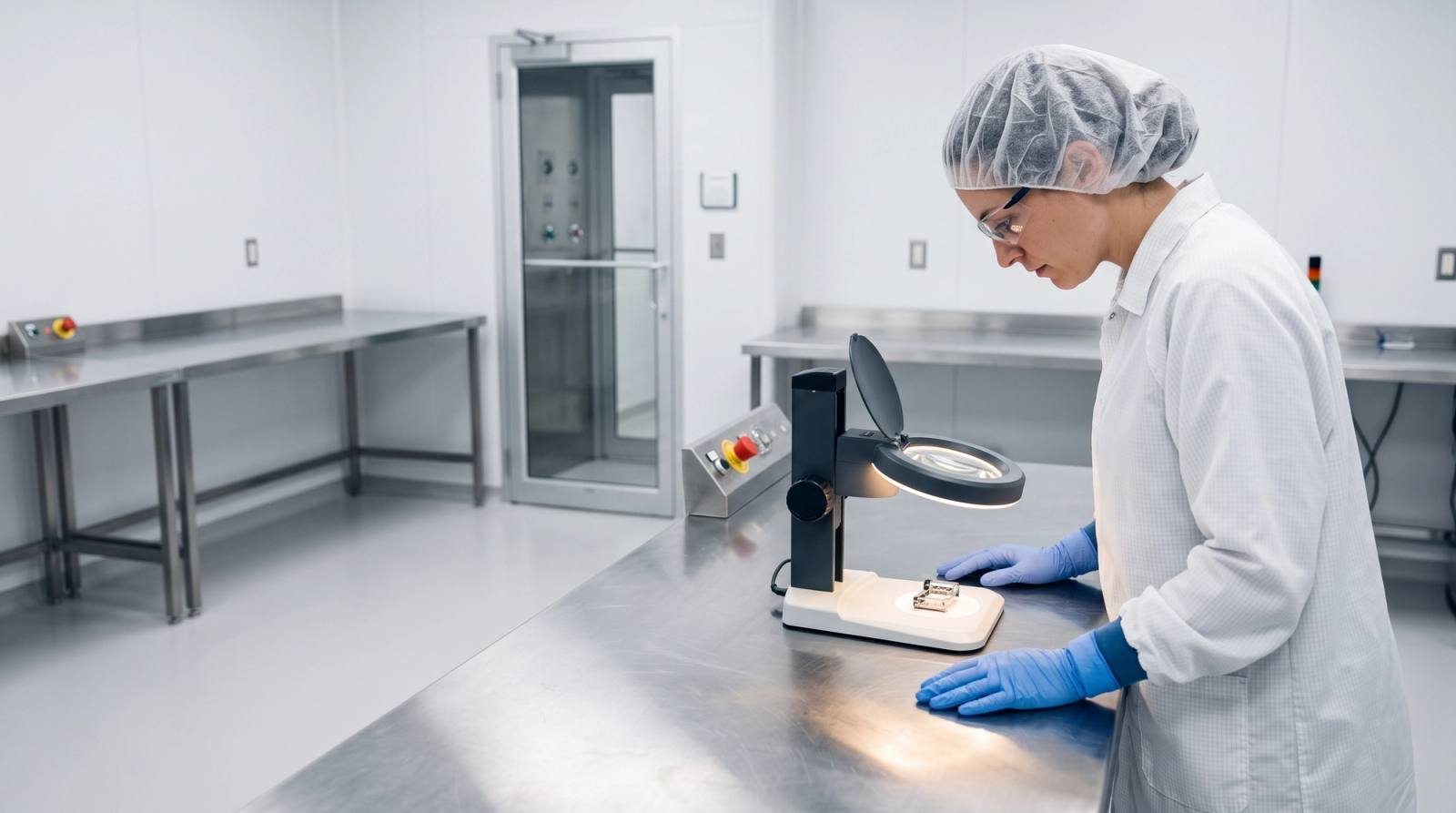 Inspector in a controlled area examining a small medical component under an illuminated bench magnifier, with stainless worktops and an air shower door beyond