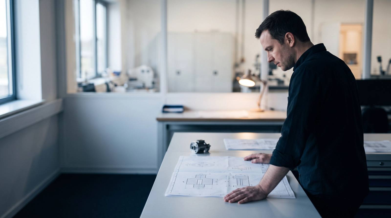 Engineer reading an engineering drawing laid flat on a desk in an office beside the workshop, with a machined sub-assembly beside it