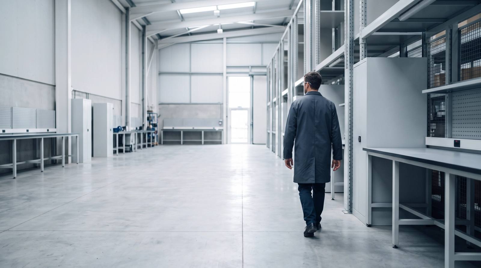Worker in a plain coat walking down an aisle in a clean modern industrial space, with workbenches and racking along both sides