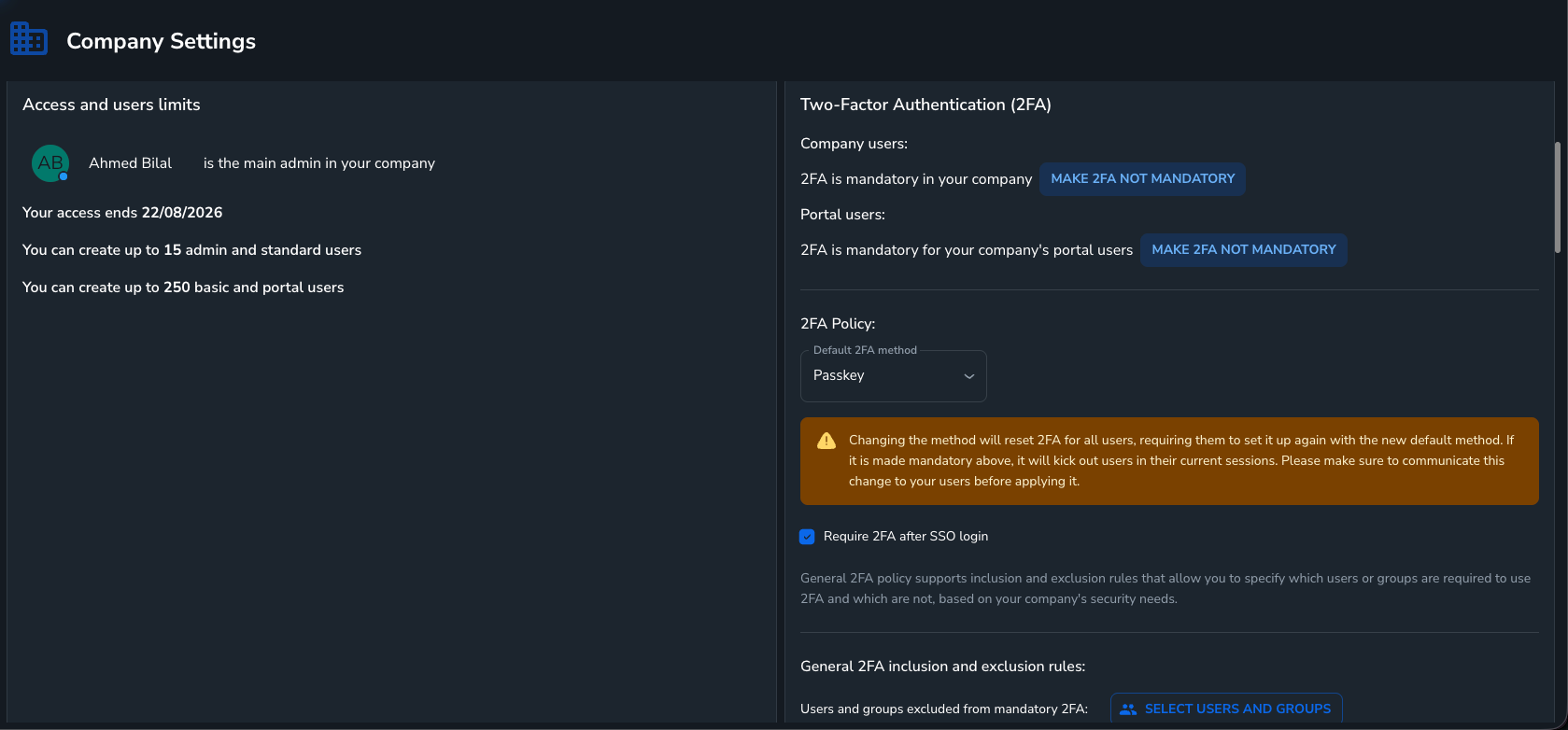 Company Settings page showing Two-Factor Authentication (2FA) configuration options including mandatory settings, policy sele