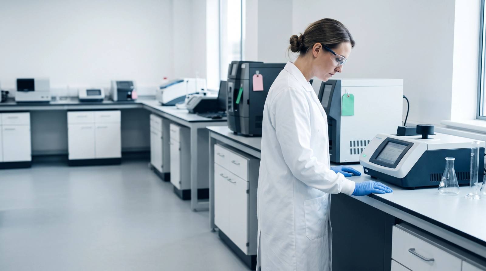 Laboratory technician watching a benchtop test instrument run in an accredited testing laboratory, with calibration-tagged instruments along the bench behind her