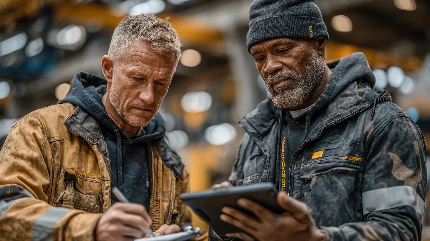 A side-by-side visual: one worker writing on a paper form, another using a tablet — neither facing the camera. The shift from manual to digital is clear and non-performative.