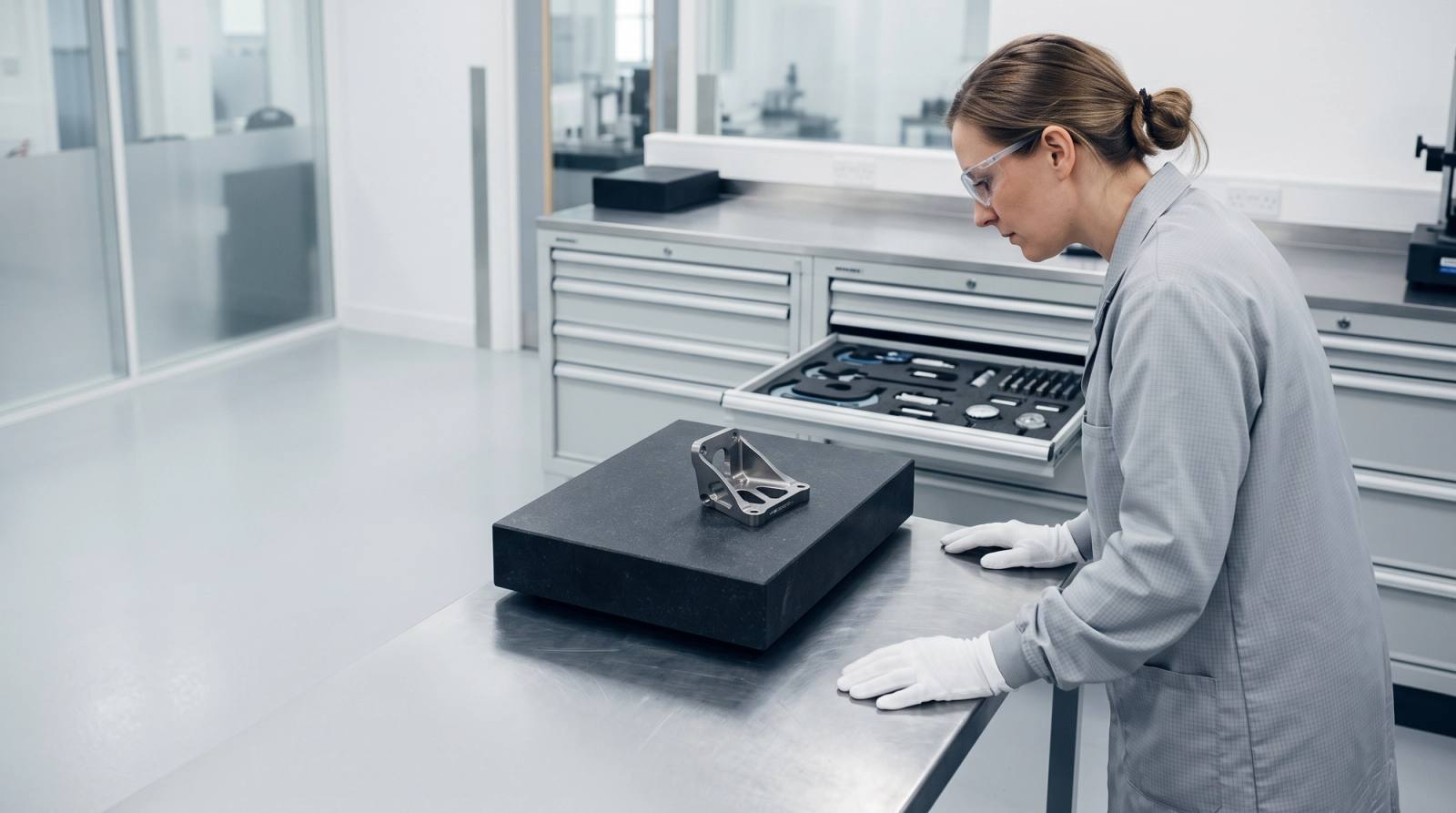 Inspector in a static-control coat and lint-free gloves examining a titanium bracket on a granite surface plate, with measuring instruments in a foam-lined drawer behind