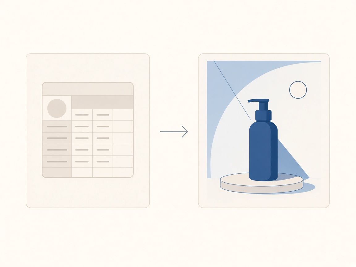Abstract spreadsheet pointing toward a product photography packshot.