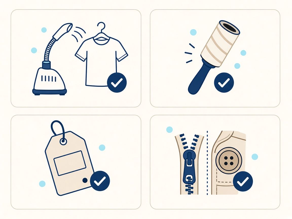 Clothing prep icons for steaming, lint removal, SKU labeling, and hardware checks.