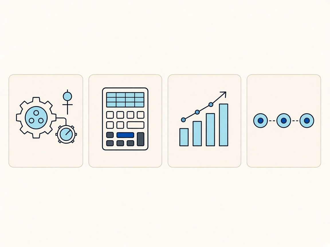 Four icon cards for assumptions, calculations, outputs, and scenarios.