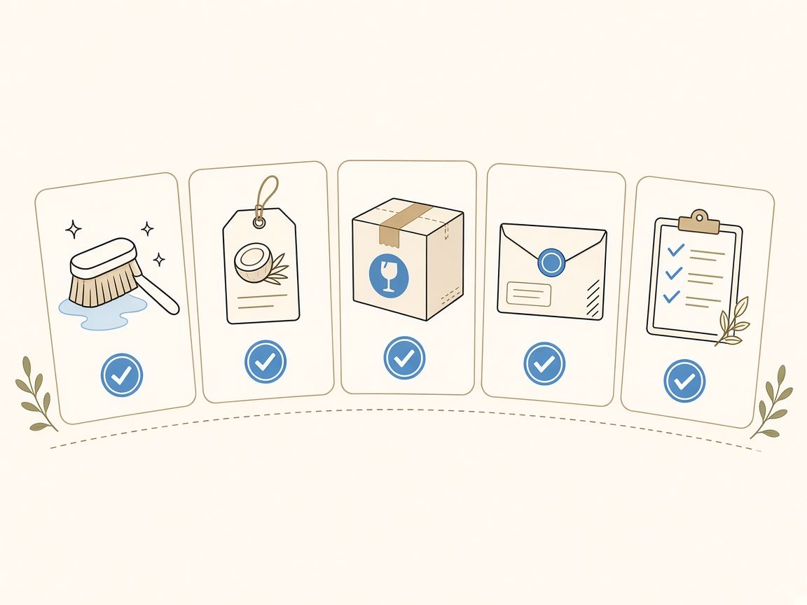Illustrated prep checklist icons for cleaning, labeling, packing, return labels, and SKU review.