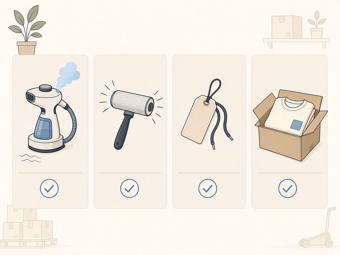 Illustrated T-shirt prep icons for steaming, lint removal, labeling, and packing.