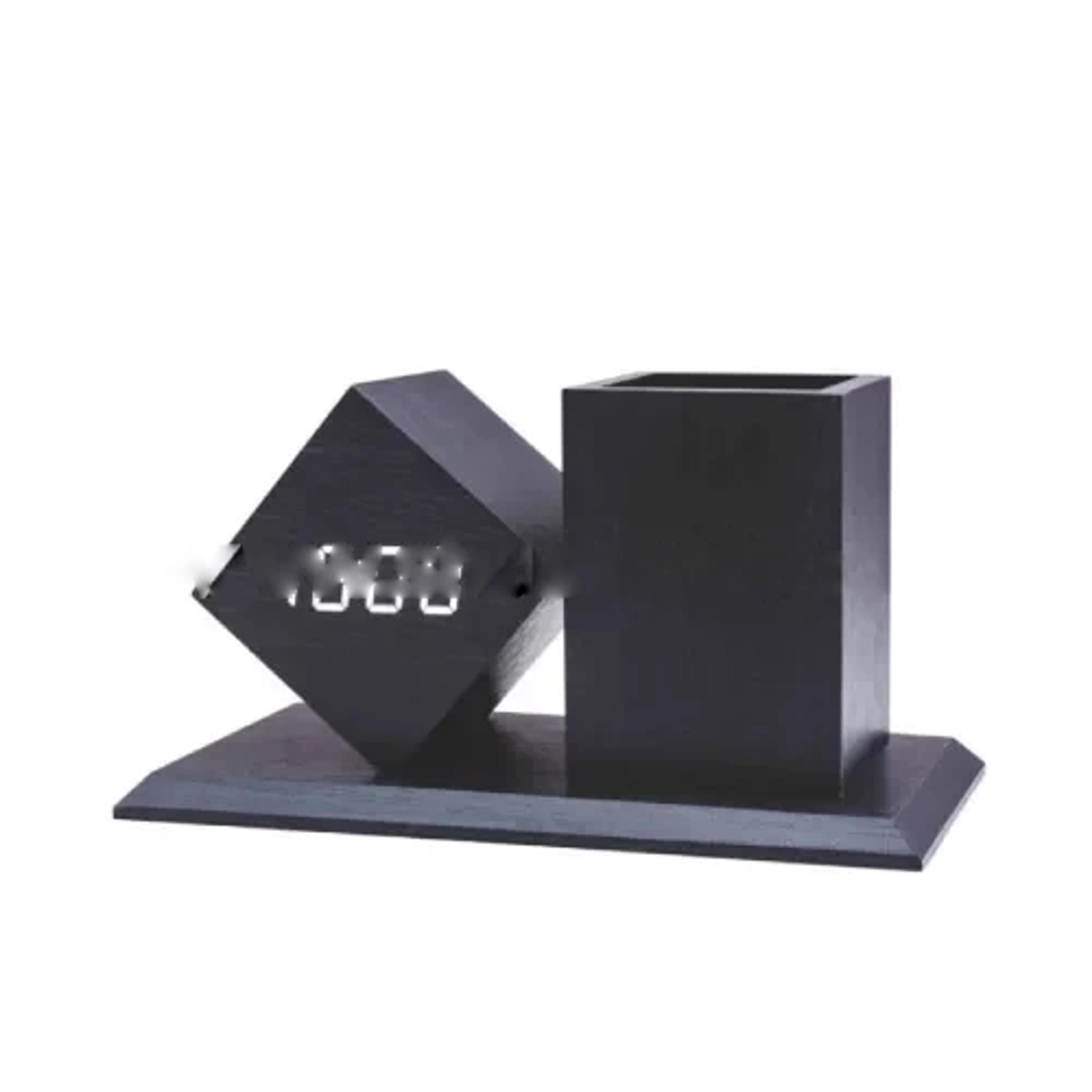 Desk Clock in wooden finish with white LED display along with a pen pot.