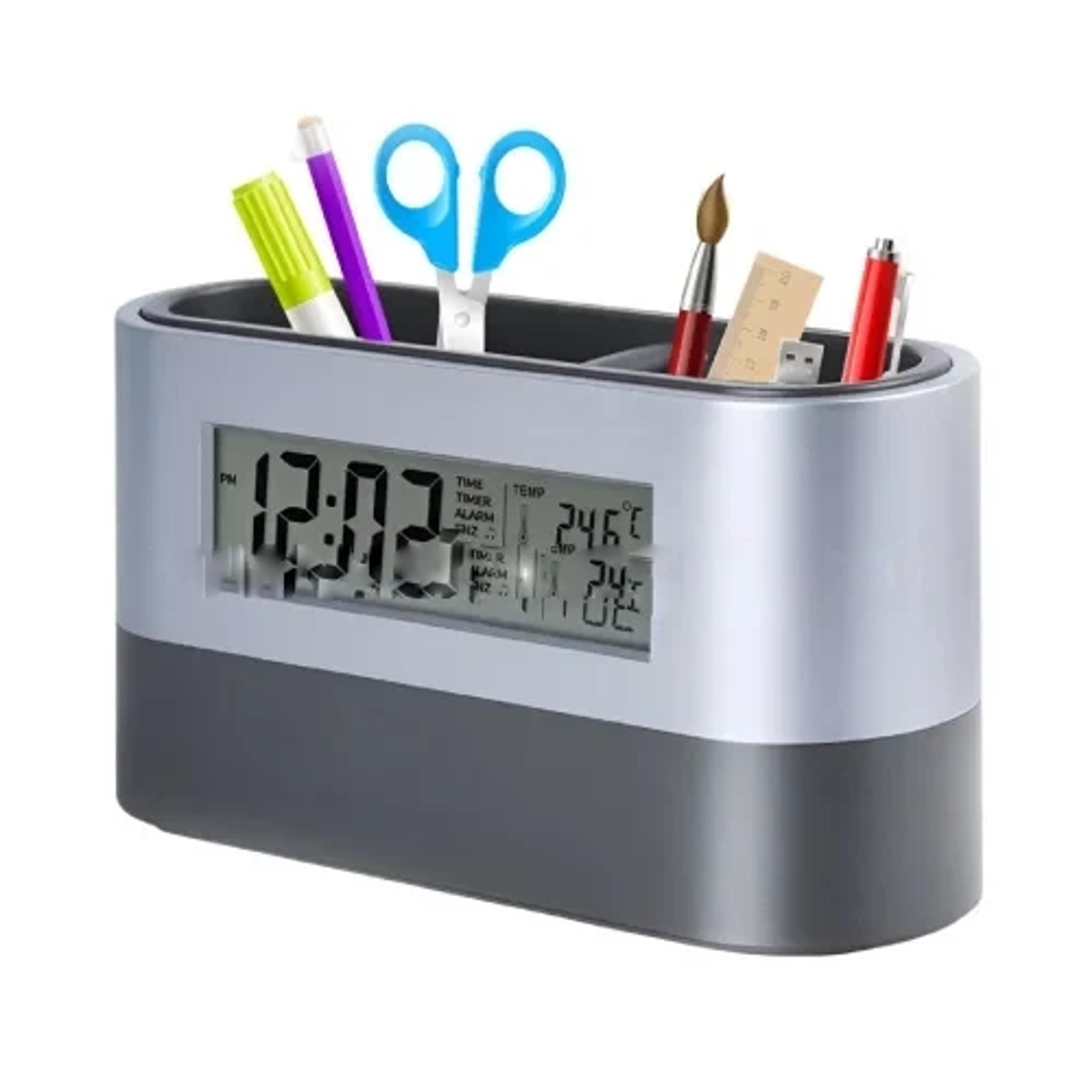 Portrait Pen Holder With Digital Clock